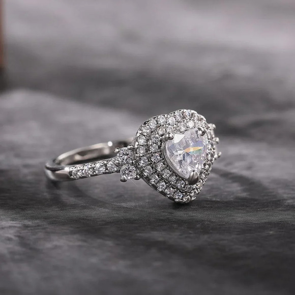 😍Diamond Heart CZ Shiny 14k White Gold Luxury Macro Pave Ring for Women, K852 - Picture 9 of 11